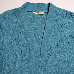 WoolOvers Womens M Cableknit Wool Cardigan Sweater Blue Green Teal Lambswool